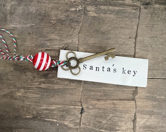 Santa Key Christmas Ornament | Custom Farmhouse Ornament Decor | Buffalo Check Bead Ornament | Christmas Gift Tag | Custom Clay Tag For Tree