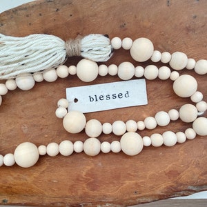 Wood Bead Garland with Clay Tag and Tassel 3ft Farmhouse Beads Tier Tray Decor Wooden Bead Garland Vignette Minimal Boho Chic Unfinished Natural