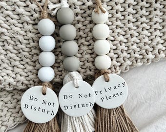 Circle Edition Occupied Bathroom Door Sign | Do Not Disturb Wood Bead Tassel Clay Tag | Hotel Boho Decor | Minimal Office Knob | AIRBNB VRBO