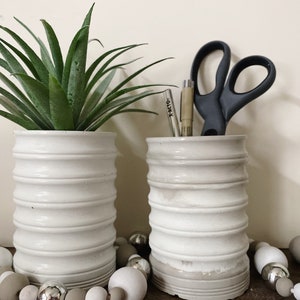 May include: Two white ceramic planters with a ribbed design. One planter holds a green air plant, and the other holds a pair of scissors and pens.