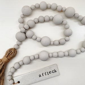 Wood Bead Garland with Clay Tag and Tassel 3ft Farmhouse Beads Tier Tray Decor Wooden Bead Garland Vignette Minimal Boho Chic Primitive |Pale Gray