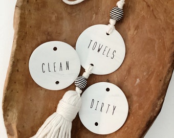 Striped Edition Towels+Wash+Dry+Clean+Dirty Sign for Washer Dryer | Dishwasher| AIRBNB VRBO Boutique Rentals | Clay Tag Laundry Kitchen Tags