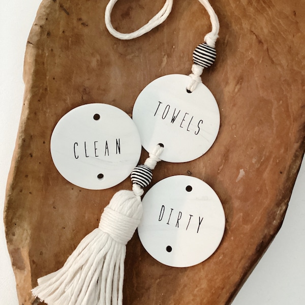 Striped Edition Towels+Wash+Dry+Clean+Dirty Sign for Washer Dryer | Dishwasher| AIRBNB VRBO Boutique Rentals | Clay Tag Laundry Kitchen Tags