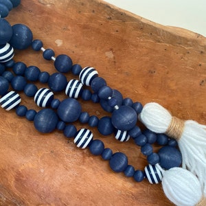 Navy Coastal Blue Wood Bead Garland with Stripes | Coastal Modern Farmhouse| Tiered Tray Decor | Hand Dyed Wooden Beads | Vignette Boho Chic
