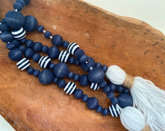 Navy Coastal Blue Wood Bead Garland with Stripes | Coastal Modern Farmhouse| Tiered Tray Decor | Hand Dyed Wooden Beads | Vignette Boho Chic