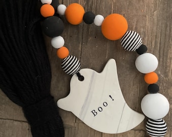 Halloween Garland with Black Stripes and Tassel | Fall Garland | Tiered Tray Decor | Wooden Bead Garland | Halloween Decor | Black and White