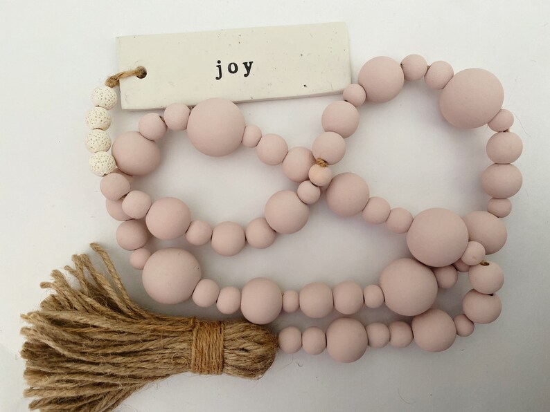 Wood Bead Garland with Clay Tag and Tassel 3ft Farmhouse Beads Tier Tray Decor Wooden Bead Garland Vignette Minimal Boho Chic Blush Pink