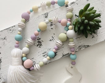 Easter Bead Garland with Clay Tag and Tassel | Easter Bunny Farmhouse Decor | Tier Tray Decor | Spring 2023 Vignette Strand | Bunny Peeps