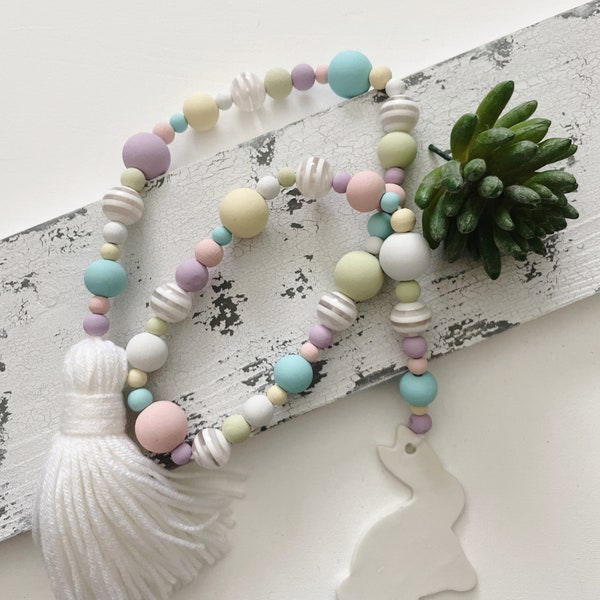 Easter Bead Garland with Clay Tag and Tassel | Easter Bunny Farmhouse Decor | Tier Tray Decor | Spring 2024 Vignette Strand | Bunny Peeps