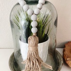 May include: A decorative gray bead garland with a jute tassel hangs in front of a glass cloche. The cloche sits on a metal tray, and contains a small potted plant. The garland is a neutral accent for home decor.