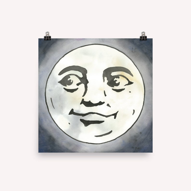 Man in the Moon Watercolor Print, Art Print, Wall Art, Nursery Art