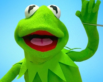 Marioneta profesional inspirada en la Rana Gustavo / Réplica artesanal al estilo de los Muppets con varillas para los brazos.