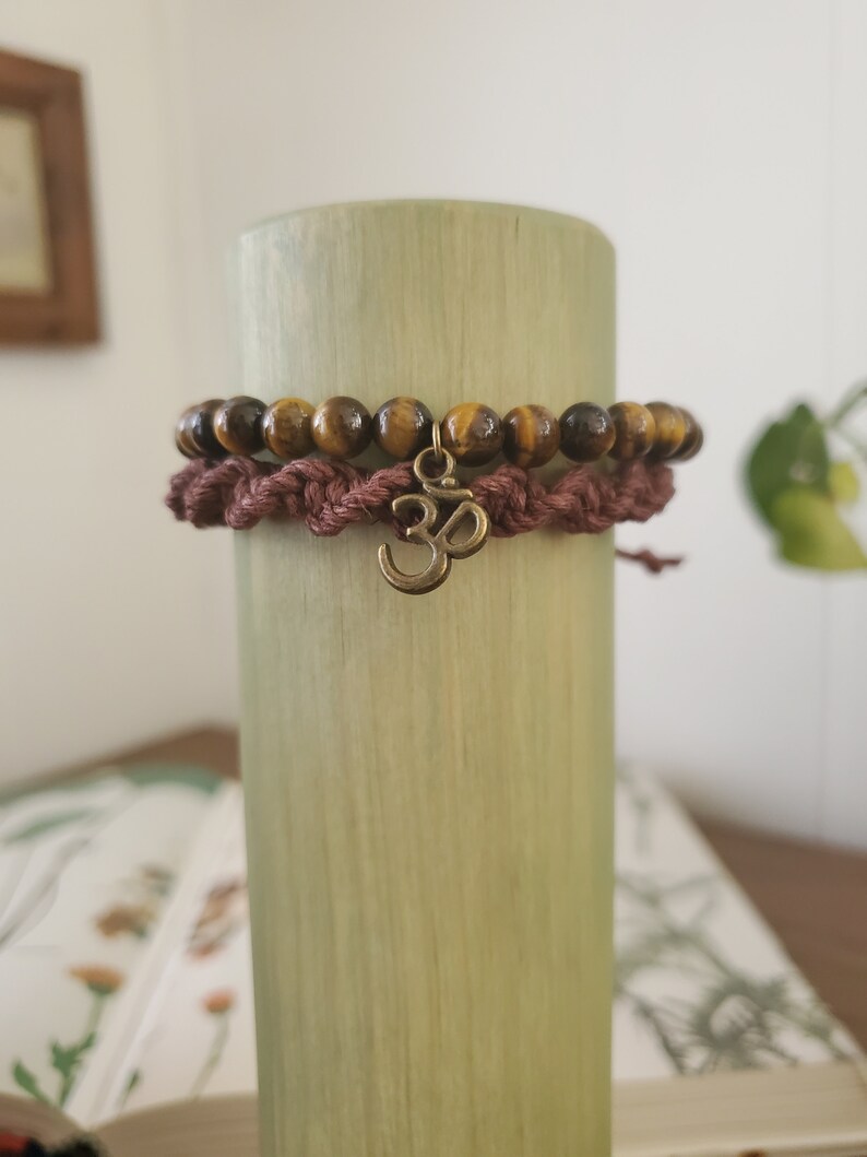 Tigers Eye Ohm Charm Stretch Bracelet Thick Brown Hemp Woven Adjustable Bracelet