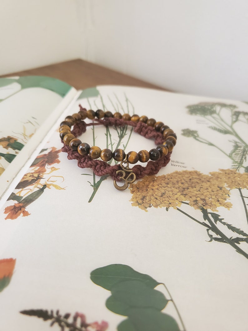 Tigers Eye Ohm Charm Stretch Bracelet Thick Brown Hemp Woven Adjustable Bracelet