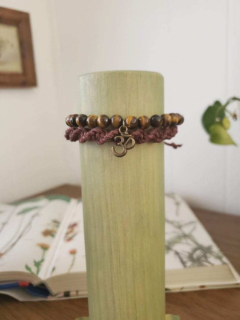 Tigers Eye Ohm Charm Stretch Bracelet Thick Brown Hemp Woven Adjustable Bracelet