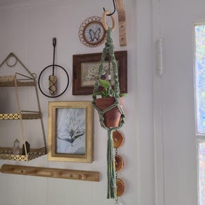 May include: A hanging plant in a terracotta pot suspended by a green macrame plant hanger. The hanger is attached to a wooden hook. The wall features framed art, a gold shelf, and a wooden peg rack, creating a bohemian aesthetic.