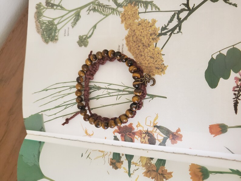 Tigers Eye Ohm Charm Stretch Bracelet Thick Brown Hemp Woven Adjustable Bracelet
