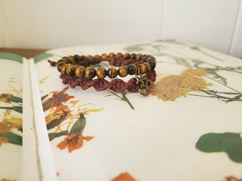Tigers Eye Ohm Charm Stretch Bracelet Thick Brown Hemp Woven Adjustable Bracelet