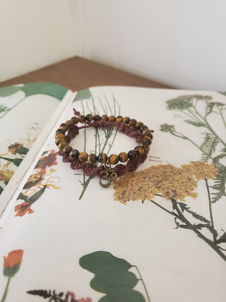 Tigers Eye Ohm Charm Stretch Bracelet Thick Brown Hemp Woven Adjustable Bracelet