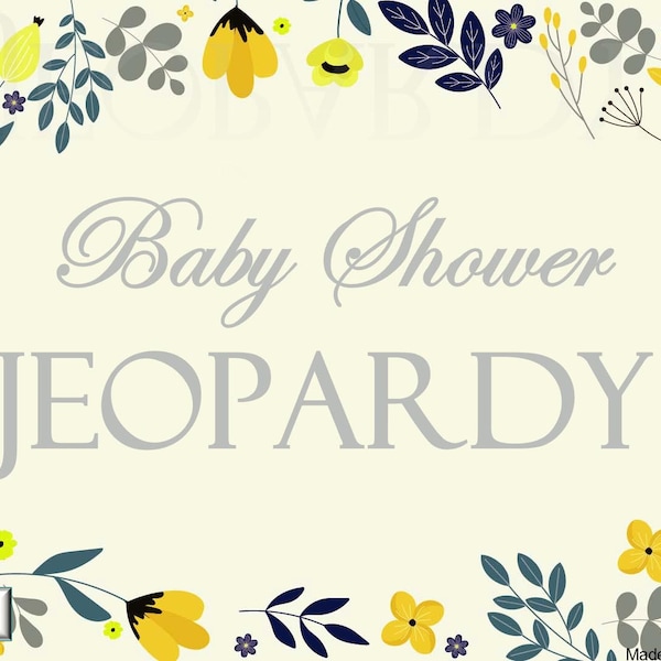 Baby Shower Game Virtual or In person- Gender Neutral - Jeopardy Template Customizable - Editable - Fun Floral Garden Yellow Grey Gray