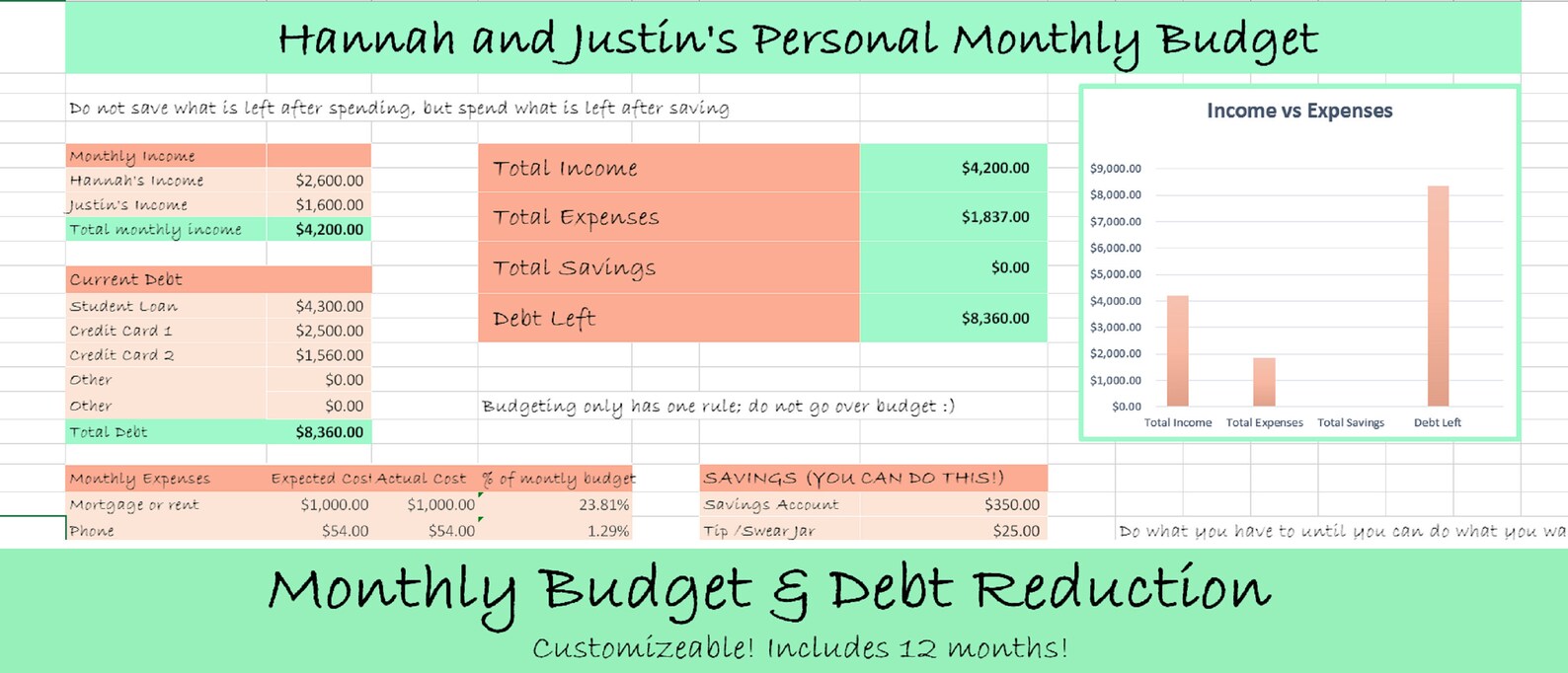 Monthly Budget and Debt Reduction Template Excel Download Etsy UK