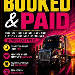 May include: A promotional graphic with the text "BOOKED & PAID" in yellow and pink. The image includes a semi-truck on a road with a sunset background. The text promotes finding high-paying loads and staying consistently booked.