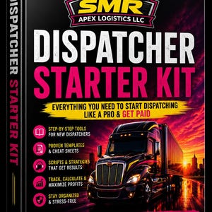 Puede incluir: Caja negra con el texto "DISPATCHER STARTER KIT" y un gráfico de un camión. El kit incluye herramientas paso a paso, plantillas y estrategias. La caja también tiene el texto "MORE LOADS. MORE MONEY. MORE FREEDOM."