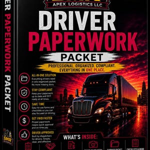 May include: A black and red Driver Paperwork Packet box with the text "Driver Paperwork Packet" in large white and red letters. The box includes a semi-truck graphic and lists features like "Stay Compliant" and "Get Paid Faster."