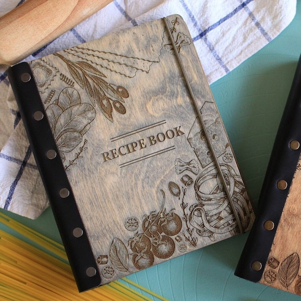 Custom leather bound journal Recipe book Anniversary gift Christmas gift, Recipe book  For Mom, Cook book, Cookbook Wooden Cover Notebook