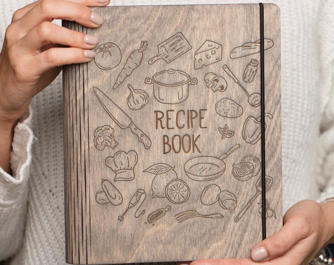 Custom  recipe journal, Gift for mom recipe book, chef personalized cookbook Mother day uniqua recipe storage wooden cover notebook