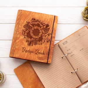 Recipe book sunflowers Gift for mom cook book For sister for Chef recipe Journal Mother Day Unique design Wooden Cover Notebook