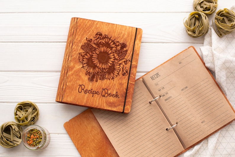 Recipe book sunflowers Gift for mom cook book For sister for Chef recipe Journal Mother Day Unique design Wooden Cover Notebook image 1