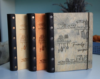 Leather Bound Cookbook Wooden Cover Drink Recipe Notebook Personalized gifts for Dad Husband or Brother