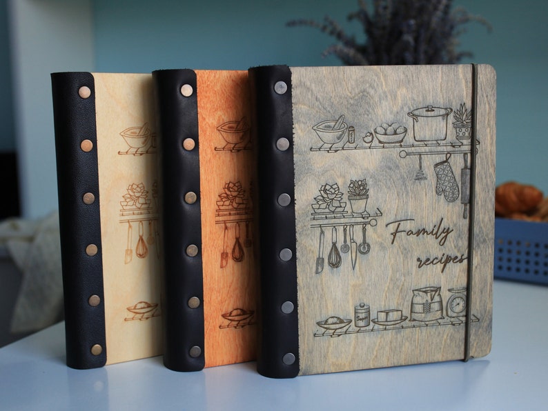 Leather Bound Cookbook Wooden Cover Drink Recipe Notebook Personalized gifts for Dad Husband or Brother image 1