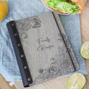 Wooden recipe binder, custom culinary notebook, personalized family recipe book, gift for grandma, blank recipe book, gift for her