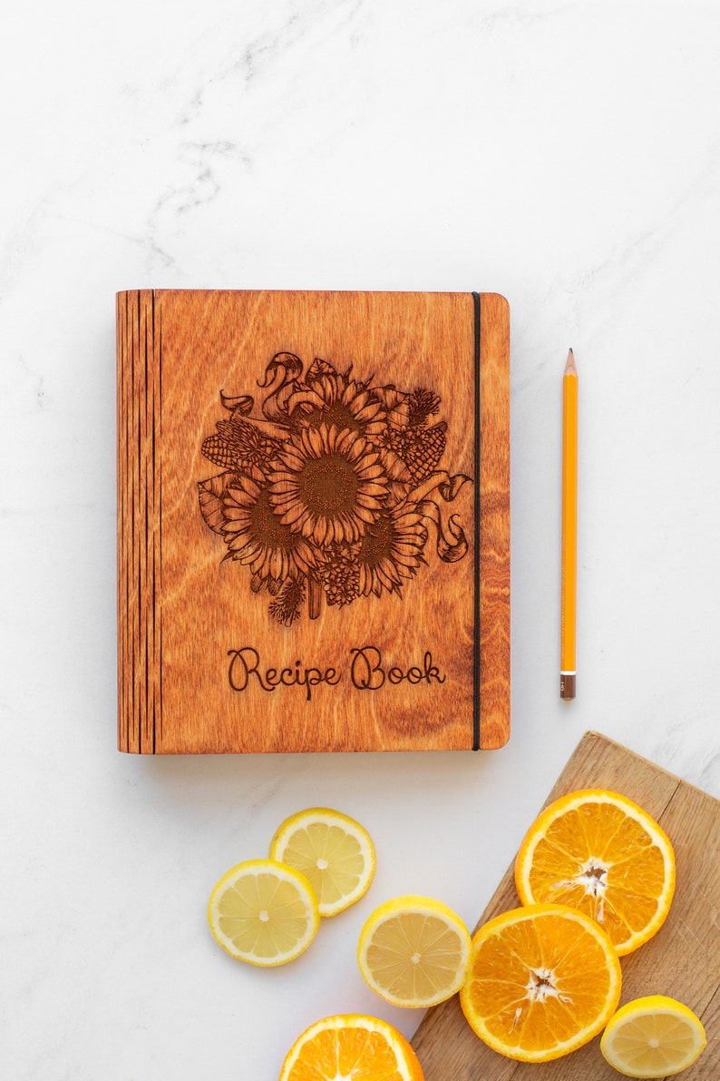 Recipe book sunflowers Gift for mom cook book For sister for Chef recipe Journal Mother Day Unique design Wooden Cover Notebook image 2