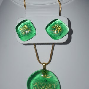 Pendant and Earrings Set. Beautiful Light Green Translucent Pendant and Pierced Earrings embedded with Gold Etched Dichroic Glass
