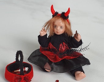 Miniature Porcelain Doll Emily as Devil Halloween Decoration