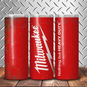 May include: Three red and white insulated tumblers with the Milwaukee logo and the text "Nothing but Heavy Duty."