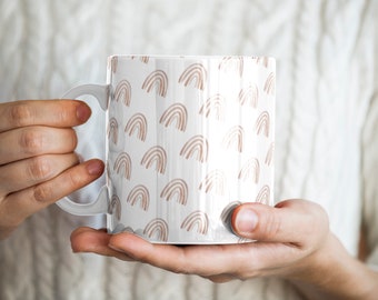 Neutral Rainbow Coffee Mug, Watercolor Pattern, Gift Tea Cup