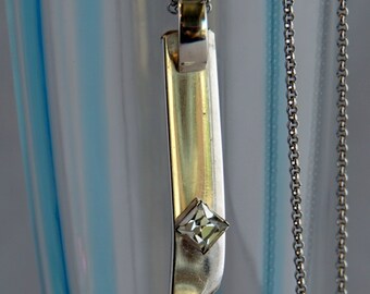 323 / Antique Silver Butter Knife Handle Bar Pendant with Crystal Necklace.