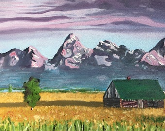 Purple Tetons at Sunset Oil Painting