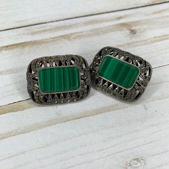 Vintage 1956 Malachite Gemstone and Swarovski Cry… - image 1