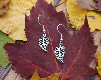 Silver Lace Leaf Earrings - Fall Earrings - Silver Leaf Earrings - Jewelry - Boho Earrings - Leaf Pendant - Gift for Her - Autumn Earrings