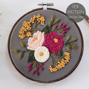 Patrón de bordado a mano en PDF / Patrón de bordado para principiantes / Patrón de bordado moderno / Patrón en PDF / Patrón floral para principiantes en PDF / Bordado DIY