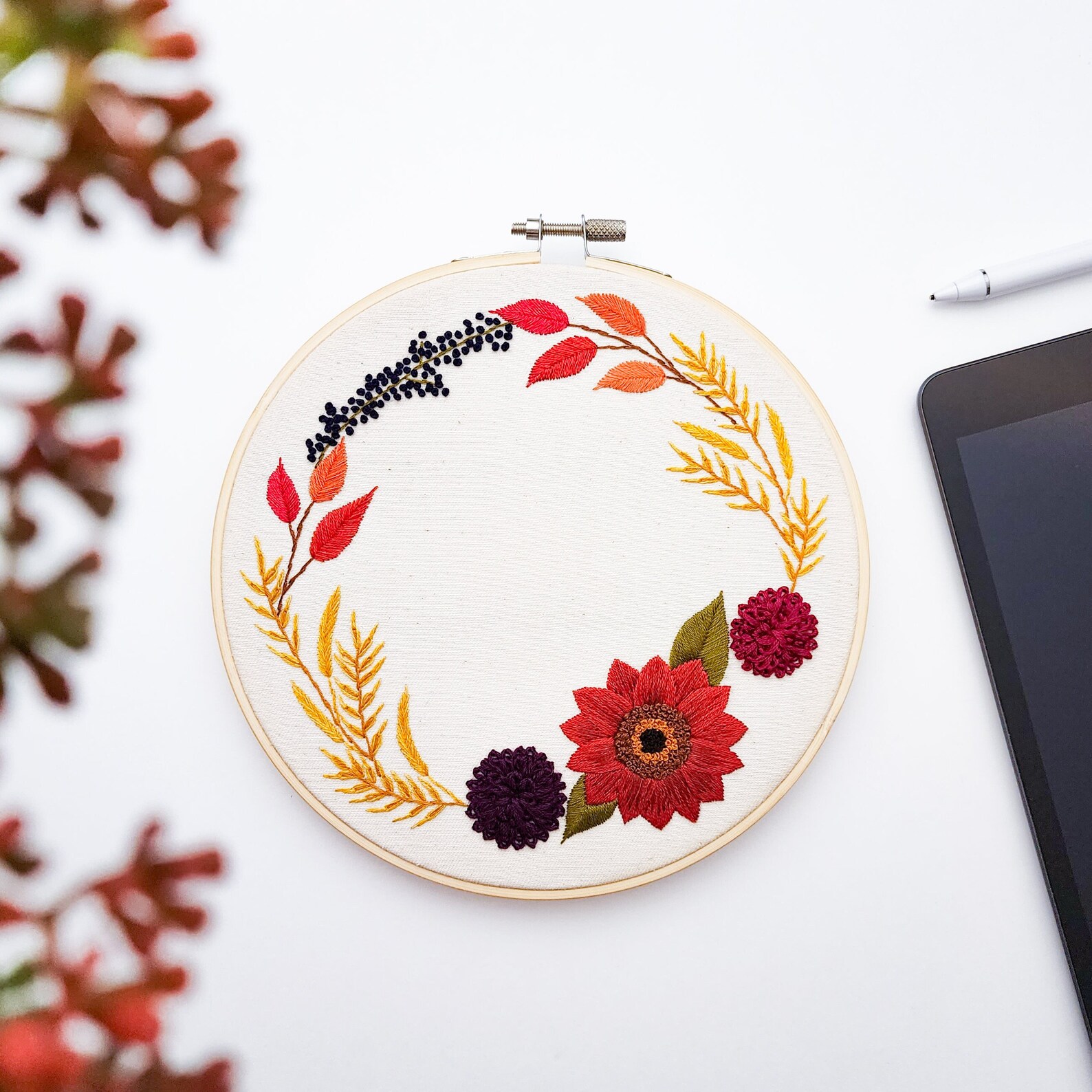 Autumn Wreath Hand Embroidery Pattern | Sunflower Mum Beginner ...