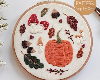 Fall Botanicals Embroidery Pattern | Cottagecore Beginner Embroidery Pattern | Modern Embroidery Pattern | Woodland Beginner PDF | Pumpkin
