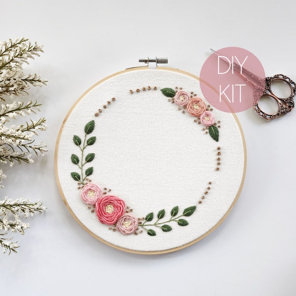 Embroidery Kit | Modern DIY Kit | Boho Gold Rose Wreath Hand Embroidery Kit | Beginner/Intermediate Embroidery Kit | Mother's Day Gift