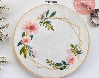 Floral Boho Gold Wreath Hand Embroidery Pattern - Beginner/Intermediate Embroidery Pattern - Modern Embroidery Pattern