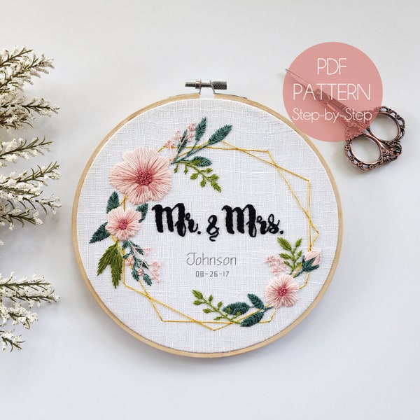 Mr and Mrs Floral Wreath Hand Embroidery Pattern - Personalizable Beginner/Intermediate Embroidery Pattern - Modern Embroidery Pattern